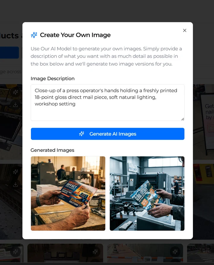 The StockMagic 'Create Your Own Image' modal: a prompt text field with 'Close-up of a press operator's hands holding a freshly printed 18-point gloss direct mail piece, soft natural lighting, workshop setting', a blue 'Generate AI Images' button, and two AI-generated photo variants showing a press operator holding printed direct mail pieces