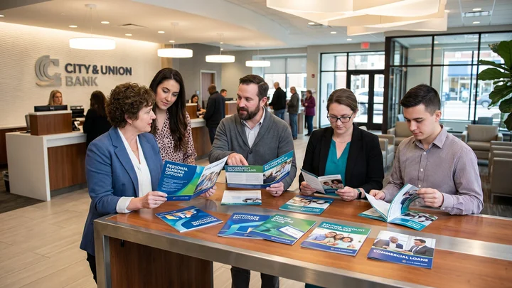 Bank lobby with direct mail brochures