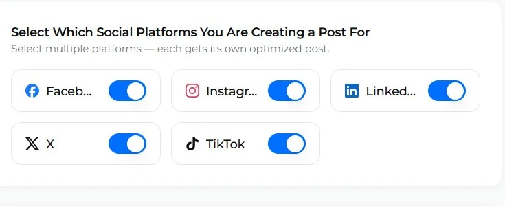 Toggle which social platforms — Facebook, Instagram, LinkedIn, X, TikTok — should get a post