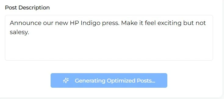 Type a quick prompt describing what to post about — SocialLite generates platform-optimized versions
